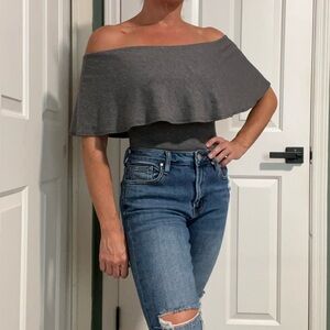 Gray, off shoulder with ruffle overlay bodysuit.